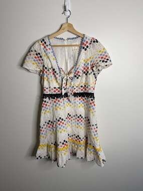 foxiedox White Eyelet Mini Dress with Multicolor Dot & Star print size medium